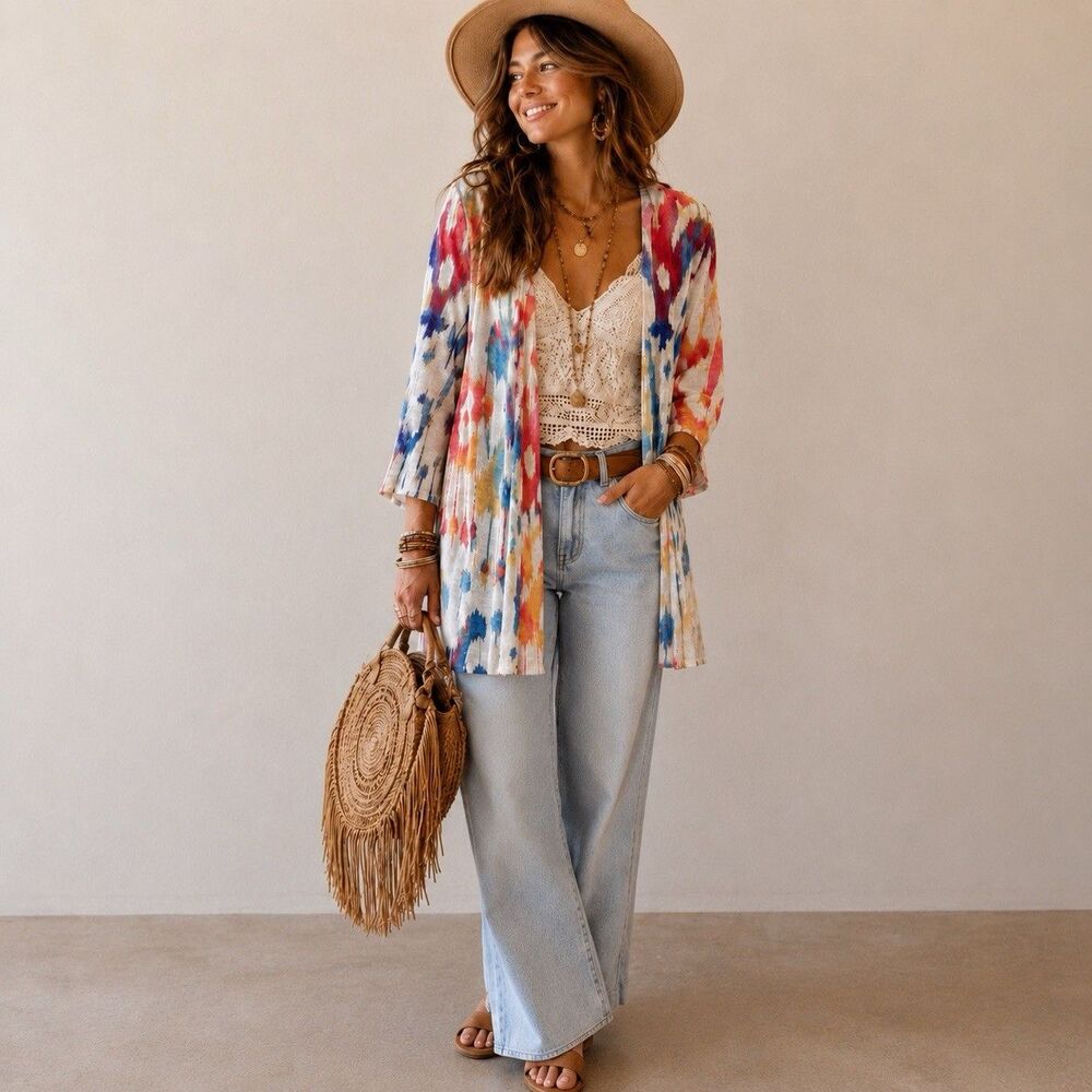 Chico’s Boho Duster Open Front Jacket Top Ikat Print 3/4 Sleeves Size 2 Large